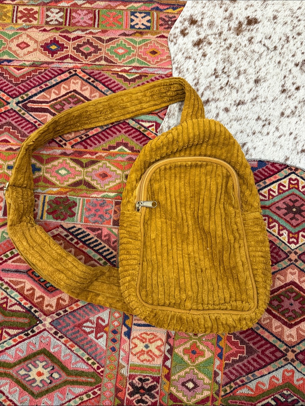 Corduroy Crossbody Sling Bag in Mustard Yellow